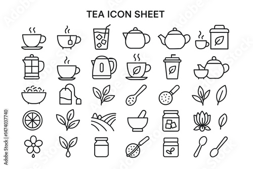 Tea Icons Collection: A versatile collection of tea-related icons in a simple outline style. Perfect for design projects, this set captures all things tea.