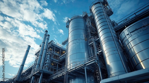 Low angle view of a large industrial plant with silver tanks against a cloudy blue sky on a bright day photo