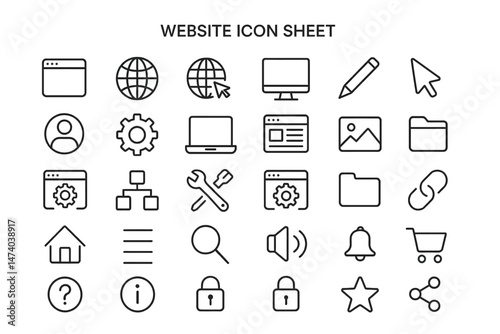 Web Icons Compilation: An array of essential website icons in a clean, minimalist style, perfectly illustrating the key functions of a modern digital platform. 