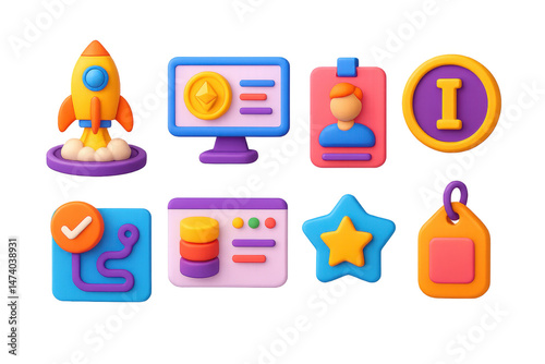 3D icon set of blockchain startup tools: launchpad icon, crypto pitch deck screen, founder bio badge, investor token tracker, roadmap milestone chart, funding stage dashboard, early adopter badge,