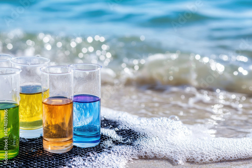 Colorful liquids glass containers beach mat by ocean, showcasing coastal water test. scene evokes curiosity and scientific