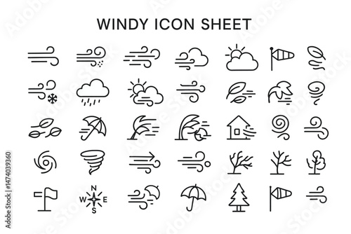 Windy Icon Sheet: A minimalist illustration presenting a sheet of simple icons of weather elements.
