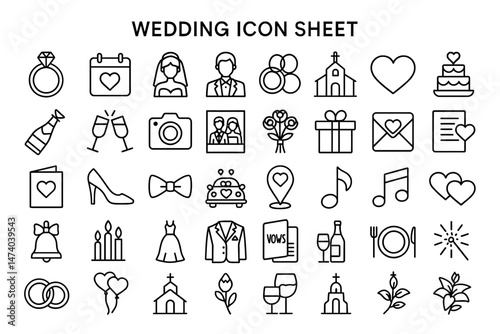 Wedding Icon Set: A comprehensive collection of line-art wedding icons, perfectly representing various wedding-related elements for invitations, websites, or design projects. 