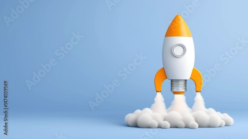 Loop video of the cartoon rocket is flying through the sky with a blue background