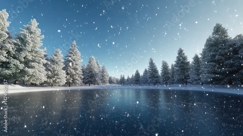 Winter wonderland landscape with snow falling on frozen lake and trees