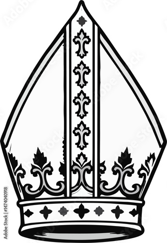 Black and White Vector Bishop Mitre Illustration with Fleur-de-Lis Ornaments – Monochrome Catholic Clergy Hat Line Art