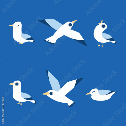 Collection of cartoon seagulls on a blue background