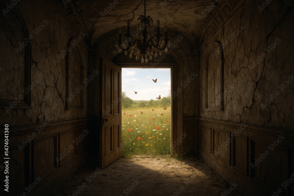 Obraz premium A worn, cracked hallway with an ornate ceiling and chandelier leads to a sunlit wildflower meadow visible through an open door. Butterflies flutter in the air