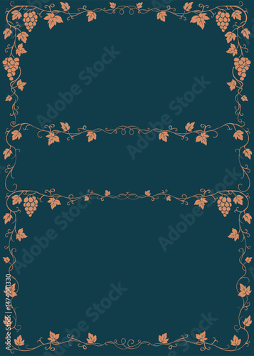 Elegant grapevine border frame set, vintage hand drawn style. Includes horizontal and vertical variations. Ideal for wine labels, menus, and artisanal branding. Seamless and editable vector format.
