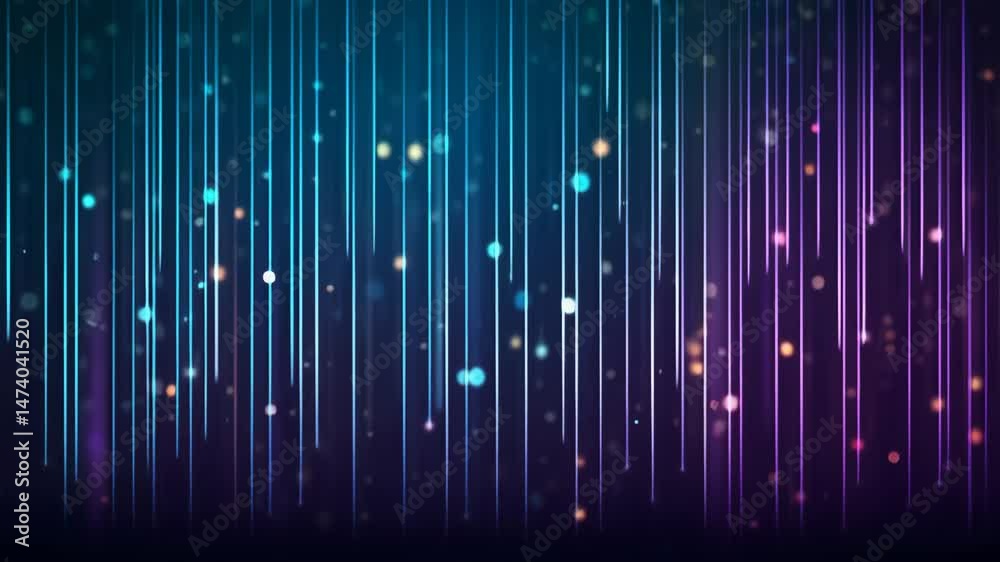Abstract background with vertical streaks of teal and purple light, interspersed with glowing particles of various sizes and colors, creating a dynamic and elegant effect. Abstract background with vertical streaks of teal and purple light, interspersed with glowing particles of various sizes and colors, creating a dynamic and elegant effect.