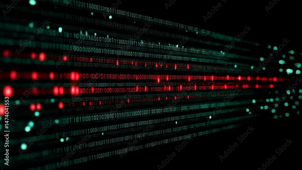 A digital stream of binary code with a prominent red and green glitch effect running horizontally across the center.