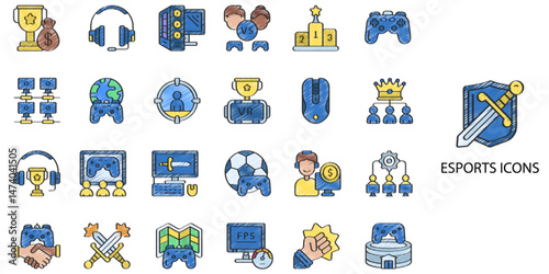 Esports simple concept 24 hand drawn color icons set. Contains such Football, basketball, trophy, competition, medal, gym, volleyball .Vector illustration.