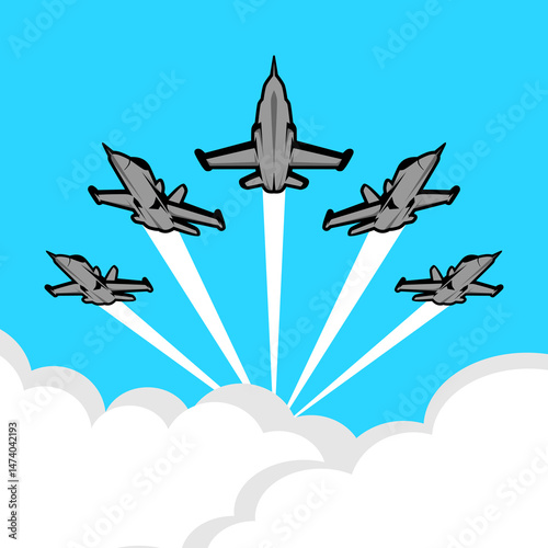 fighter jets flying formation skyward vector illustration