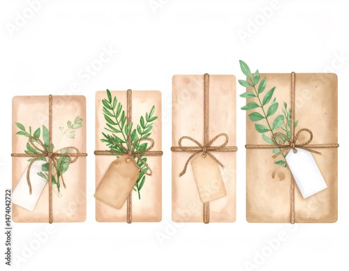 Four vintage christmas gifts wrapped in brown paper and decorated with green leaves