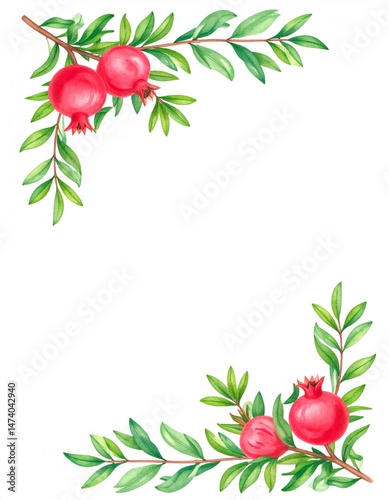 Watercolor pomegranate branches creating a frame with copy space