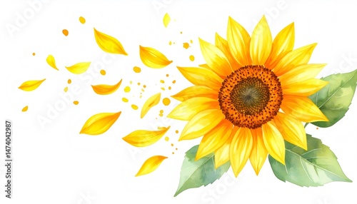 Watercolor sunflower losing petals in the wind