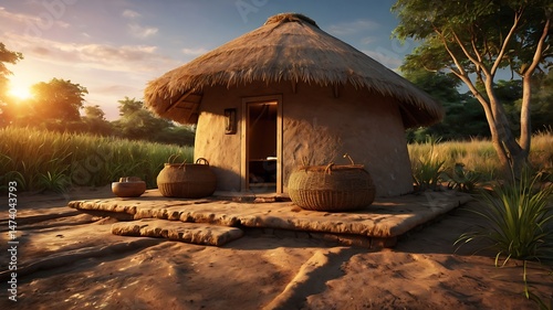 3D rendering of a traditional mud hut with thatched terrace, sunset lighting