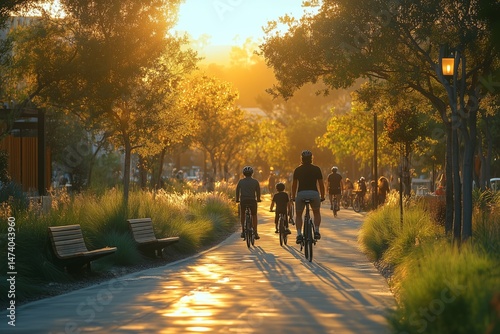 a family cycling together on a bike lane in a pedestrian friendly urban area photo