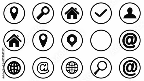 "Basic Contact and Navigation Icon Set – Phone, Email, At Symbol, Home, Location, Person, Globe, Info, Search, and Settings Icons"