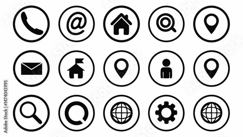 "Basic Contact and Navigation Icon Set – Phone, Email, At Symbol, Home, Location, Person, Globe, Info, Search, and Settings Icons"