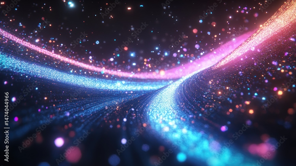 Fototapeta premium Abstract glowing particle streams in pink and blue colors on dark background