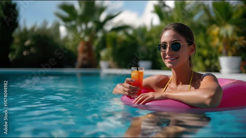 Smiling woman relaxing in the pool on a pink float holding a refreshing cocktail. Summer time, tropical mood, vacation concept. Travel, leisure, lifestyle video