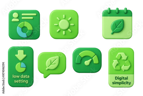 3D icon set of green digital habits: app usage review icon, data-light mode badge, stream quality toggle, digital detox planner screen, low-data setting tag, sustainability tips bubble, green rating