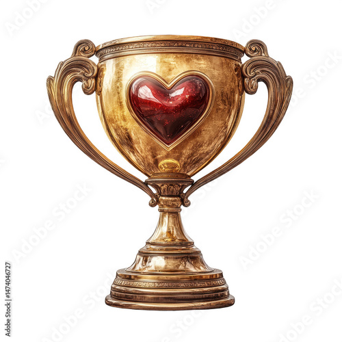 Golden trophy with heart gem valentine's day award and love concept art on transparent background
