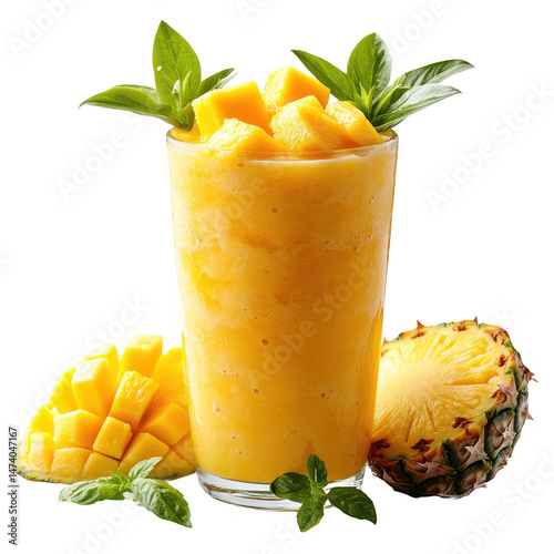 Tropical mango pineapple smoothie recipe refreshing summer drink healthy juice on transparent background