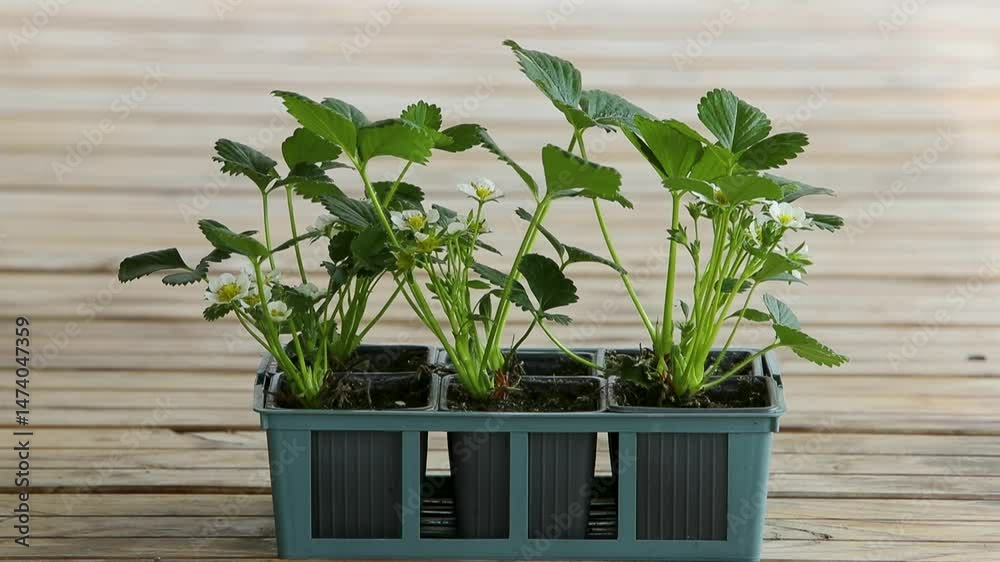 Barquette posée sur une table en bois avec six petits plants de fraisiers en fleurs prêt à être planter. Scène printanière. Les feuilles et les fleurs sont secouées par le vent.