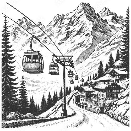 cable car ascending a mountain landscape with pine trees and snowy peaks sketch engraving generative ai vector illustration. Scratch board imitation. Black and white image.