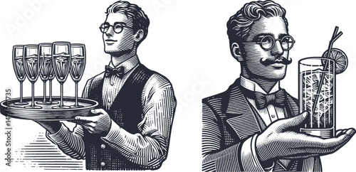 Engraving or Woodcut Design Waiter with Glasses Holding a Drink Tray – Elegant and Timeless Artwork for Home or Restaurant Decor