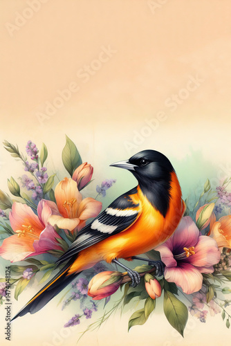 Springtime. Vintage watercolor greeting card: oriole bird with flowers, soft pastel colors on parchment.