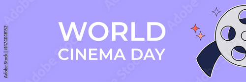 World Cinema Day banner. Film reel movie 2000s element on purple background.