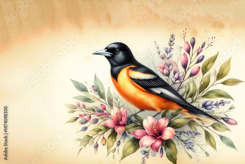 Springtime. Vintage watercolor greeting card: oriole bird with flowers, soft pastel colors on parchment.