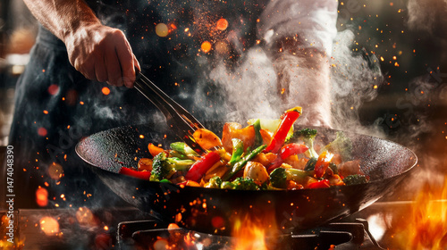 Chef skillfully tossing colorful vegetables in sizzling wok, creating vibrant display of culinary artistry. flames and steam add exciting atmosphere to cooking process