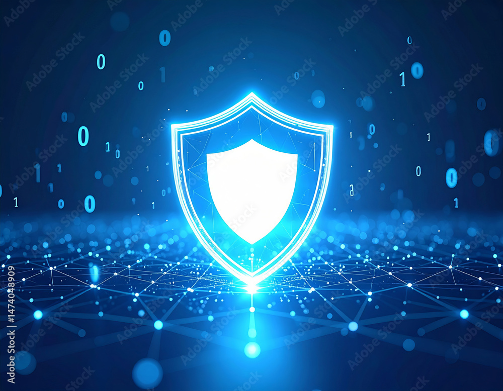 Fototapeta premium Digital glowing shield icon represents cybersecurity protection in futuristic network grid with binary code floating, symbolizing data security and digital defense technology