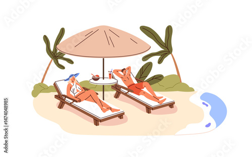 Happy couple sunbathing, lying on chaise lounges with umbrella on a tropical beach. Tourists relax on deck chairs in summer travel to sea resort. Flat isolated vector illustration on white background