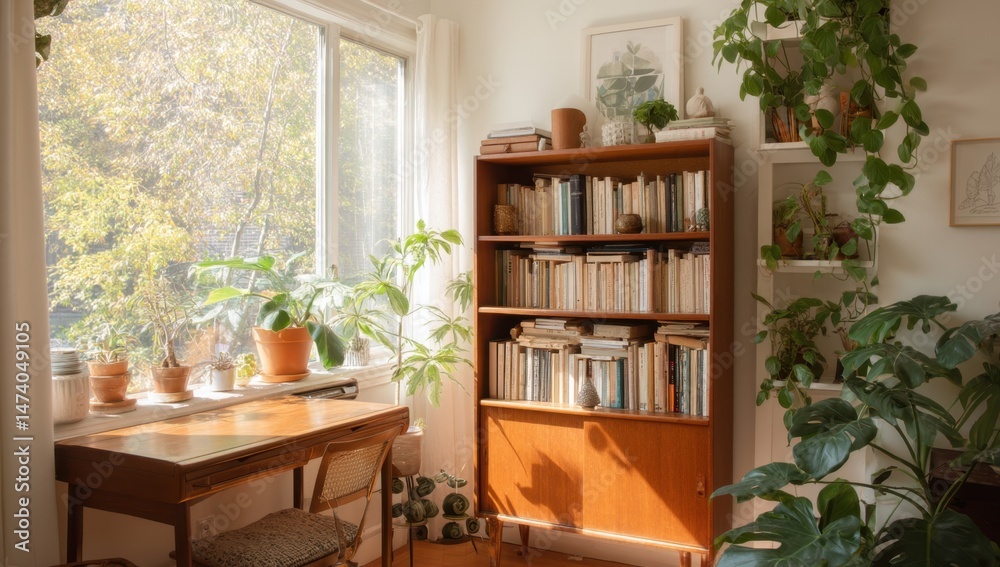 Fototapeta premium Bookshelf and houseplants in cozy interior setting