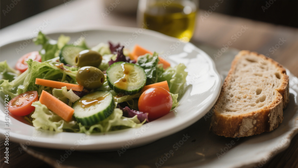 A green salad with lettuce, carrots, cucumbers, cherry tomatoes, and olives, dressed with a vinaigrette, served with a slice of crusty bread, for food. A green salad with lettuce, carrots, cucumbers, cherry tomatoes, and olives, dressed with a vinaigrette, served with a slice of crusty bread, for food.