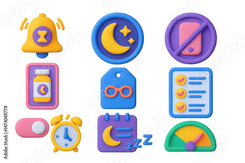 3D icon set of sleep health habits: wind-down reminder icon, sleep cycle badge, screen-free mode bubble, melatonin routine screen, blue light filter tag, bedtime checklist card, consistent wake-up