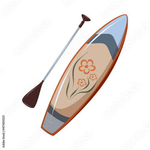 Inflatable SUP board with paddle for summer water recreation. Isolated vector illustration on white background.