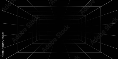 Futuristic perspective grid box. Abstract wireframe with white grid line on black background. Virtual reality landscape in 80s 90s digital style. Vector