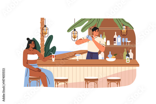 Barman makes cocktail, shakes, mixes tropical beverage. Tourist sits on bar counter on beach, order refreshing drink. Sea resort, summer travel. Flat isolated vector illustration on white background