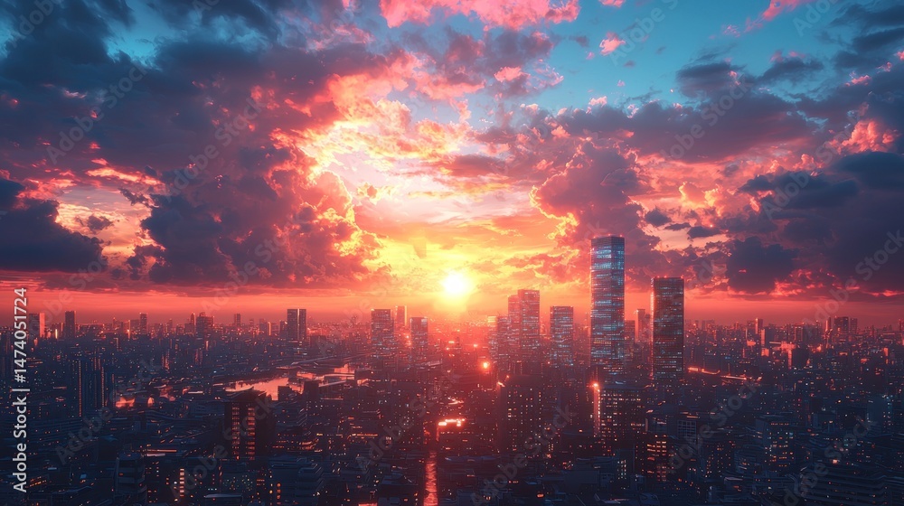 Fototapeta premium Sunset over a futuristic city skyline