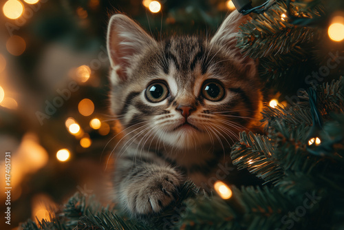 A playful kitten climbs the decorated tree, spreading holiday mischief