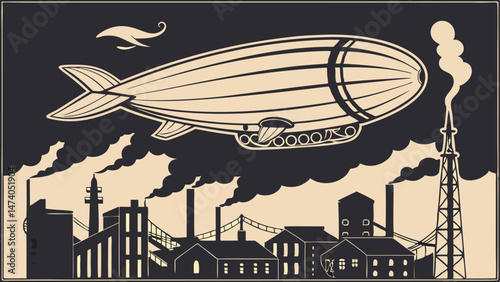 Airship whale silhouette floating above a steampunk metropolis.