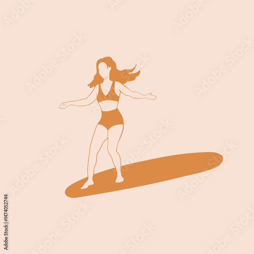 Girls surfer riding on surfboard. Isolated silhouette illustration. Ocean beach vibes lifestyle. Design element for logo, print, poster, sticker, postcard, tshirt.