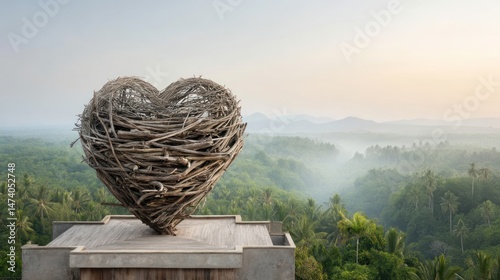 Heart-shaped sculpture, tranquil vista