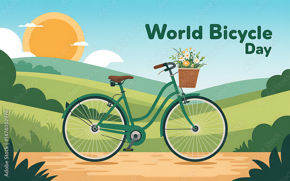 Naklejka premium Flat design celebrating World Bicycle Day with a green bicycle and a scenic nature background